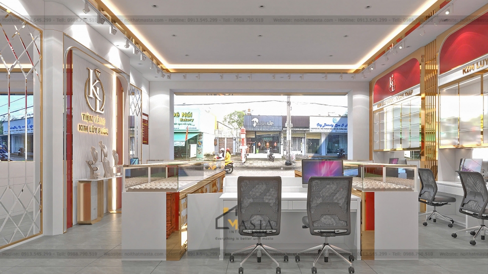 Không gian bán hàng thông thoáng với cửa kính mở rộng ra mặt đường, tạo cảm giác kết nối và sử dụng các bàn giao dịch cá nhân hóa ngay tại quầy trưng bày